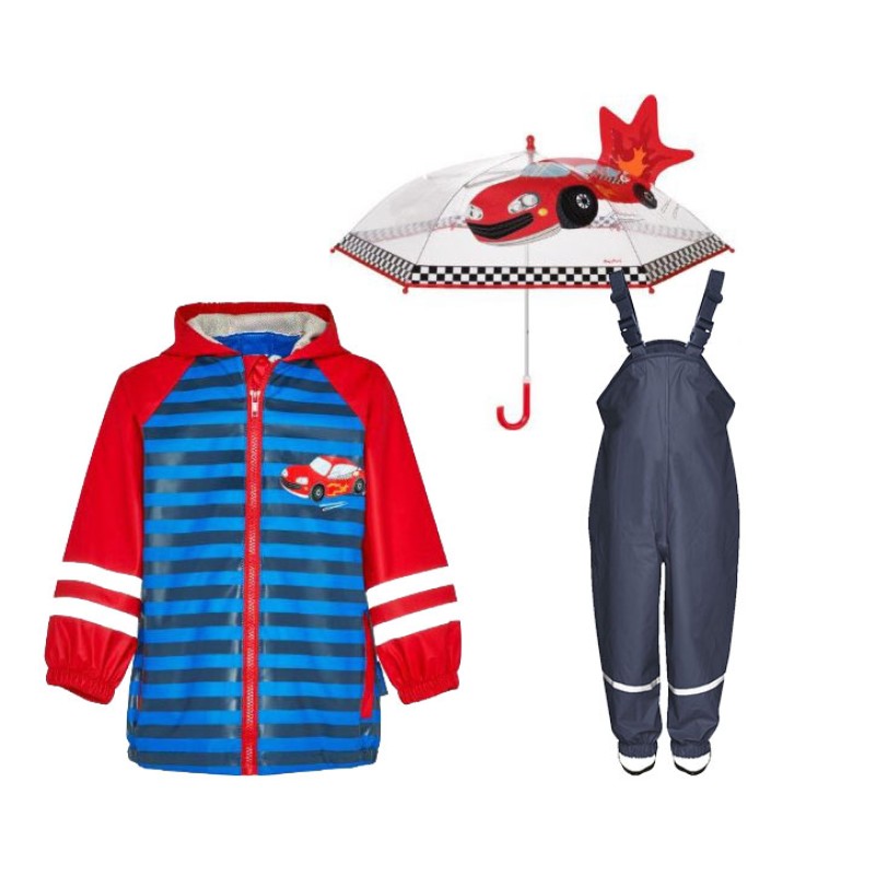 Set de ploaie copii Playshoes – haină de ploaie, salopetă și umbrelă Mașinuțe 34