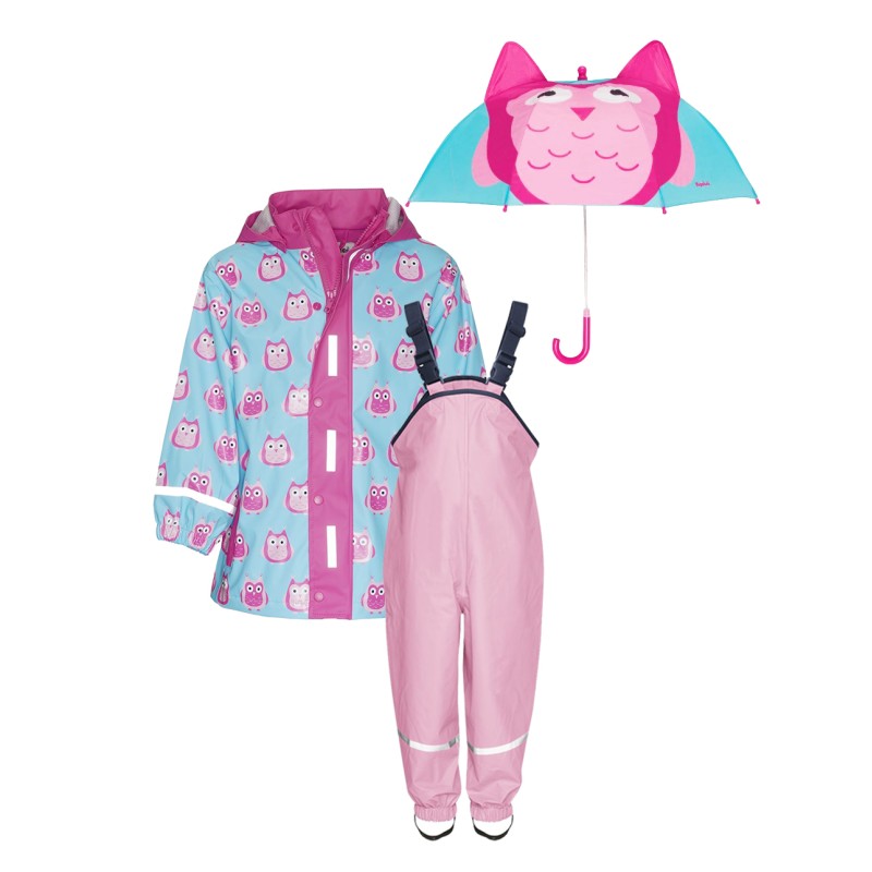 Set de ploaie copii Playshoes – haină de ploaie, salopetă și umbrelă Bufnițe 31