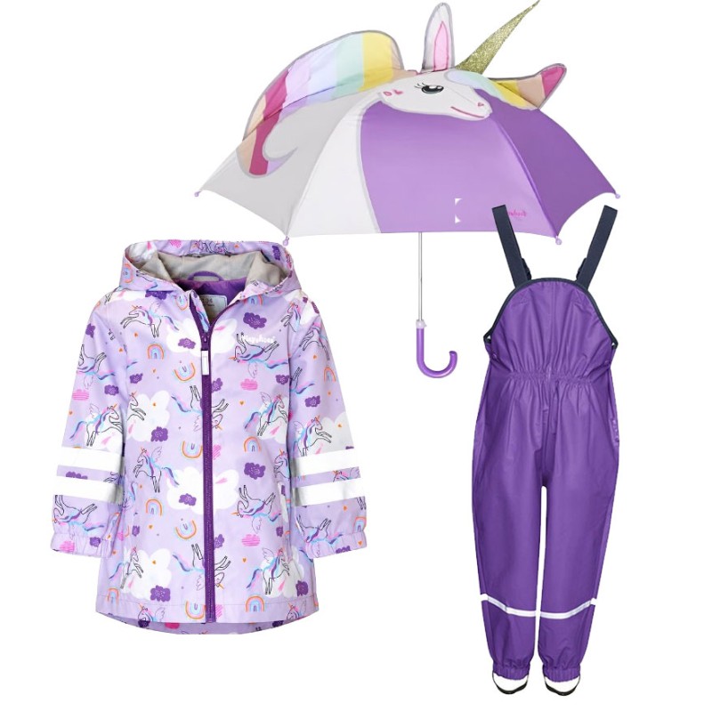 Kids rain set Playshoes – raincoat, overalls and umbrella Unicorns 34