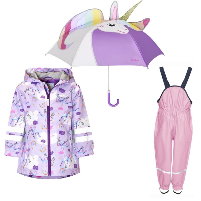 Set de ploaie copii Playshoes – haină de ploaie, salopetă și umbrelă Unicorn 38