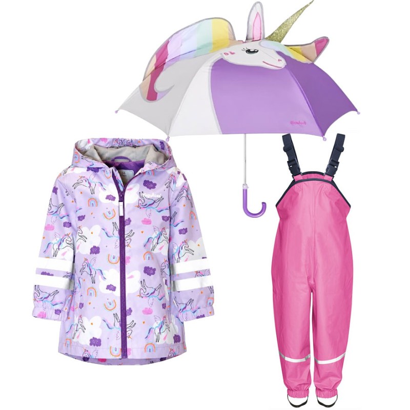 Kids rain set Playshoes – raincoat, overalls and umbrella Unicorns 39
