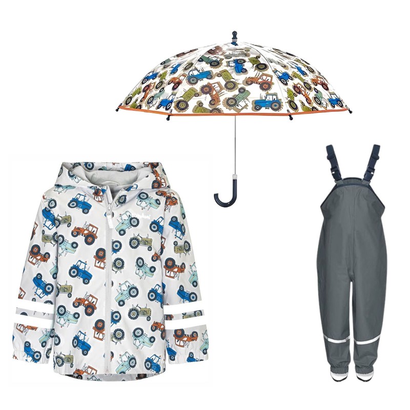 Set de ploaie copii Playshoes – haină de ploaie, salopetă și umbrelă Tractor 4