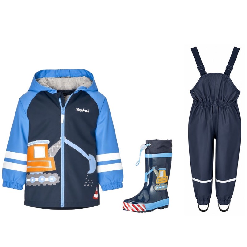 Set de ploaie pentru copii Playshoes – pelerină de ploaie, pantaloni impermeabili și cizme de ploaie Excavator 34