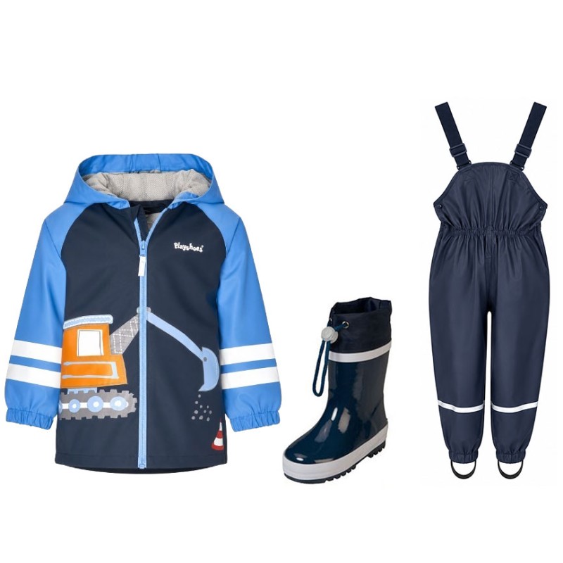 Set de ploaie pentru copii Playshoes – pelerină de ploaie, pantaloni impermeabili și cizme de ploaie Excavator 37