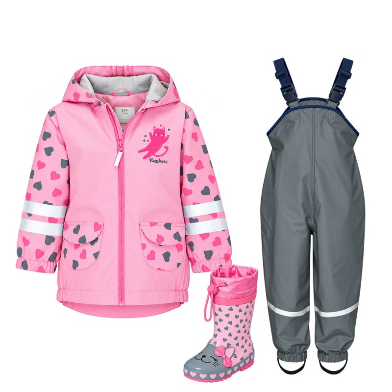 Kids' Waterproof Rainwear Set Cat 30 – Rain Jacket, Dungarees and Rubber Boots – Playshoes