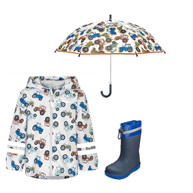 Set haine de ploaie copii Playshoes – haină de ploaie, cizme de ploaie și umbrelă Tractor 13