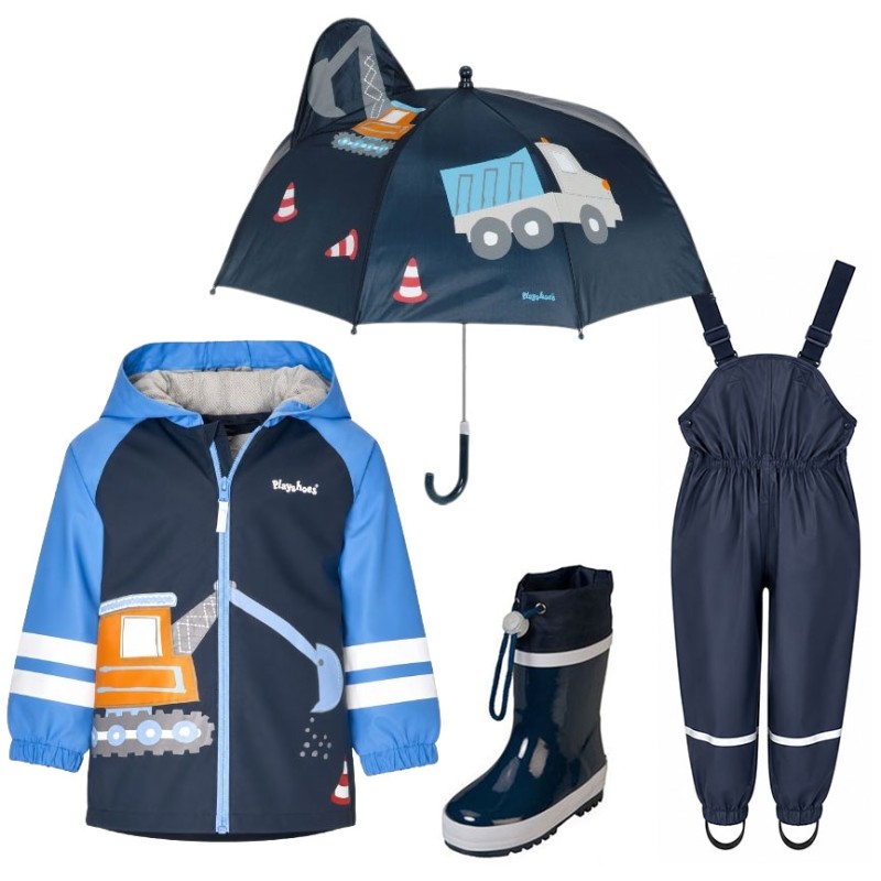 Set de ploaie pentru copii Playshoes Excavator 43 – pelerină, salopetă impermeabilă, cizme și umbrelă