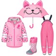Set de ploaie pentru copii Pisică 37 – geacă, pantaloni cu bretele roz, cizme de cauciuc și umbrelă – Playshoes