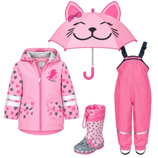 Kids' Rainwear Set Cat 37 – Rain Jacket, Pink Dungarees, Rubber Boots and Umbrella – Playshoes Kids' Rainwear Set Cat 37 – Rain Jacket, Pink Dungarees, Rubber Boots and Umbrella – Playshoes