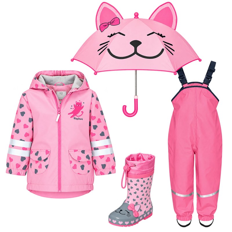 Set de ploaie pentru copii Pisică 37 – geacă, pantaloni cu bretele roz, cizme de cauciuc și umbrelă – Playshoes