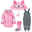 Set de ploaie pentru copii Playshoes Pisicuță 38 – geacă impermeabilă, salopetă gri, cizme de cauciuc și umbrelă