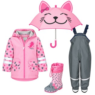 Set de ploaie pentru copii Playshoes Pisicuță 38 – geacă impermeabilă, salopetă gri, cizme de cauciuc și umbrelă