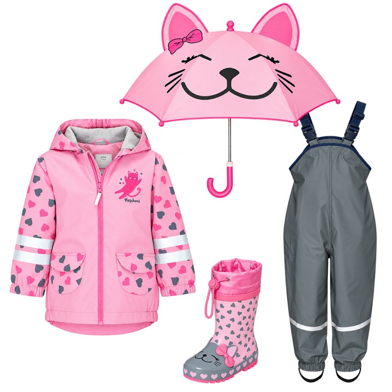 Set de ploaie pentru copii Playshoes Pisicuță 38 – geacă impermeabilă, salopetă gri, cizme de cauciuc și umbrelă