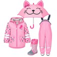 Set de ploaie pentru copii Playshoes Pisicuță 39 – geacă impermeabilă, salopetă roz deschis, cizme de cauciuc și umbrelă