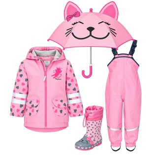 Set de ploaie pentru copii Playshoes Pisicuță 39 – geacă impermeabilă, salopetă roz deschis, cizme de cauciuc și umbrelă