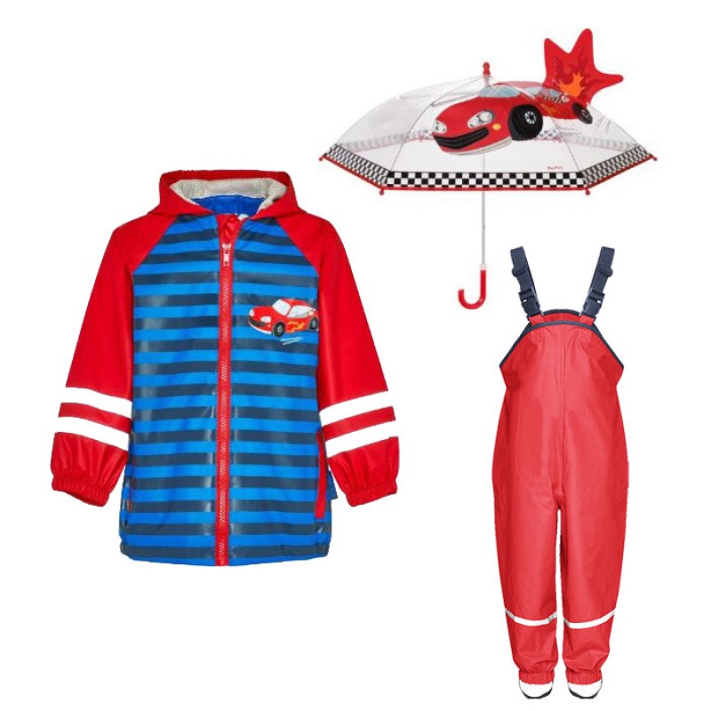 Set de ploaie copii Playshoes – haină de ploaie, salopetă și umbrelă Mașinuțe 35