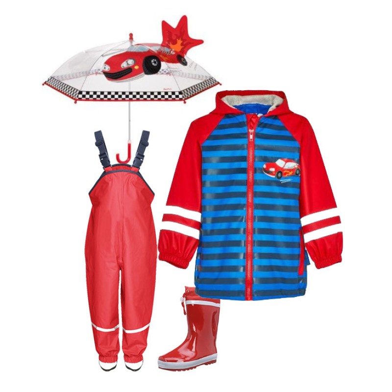 Set ploaie copii Mașinuțe 42 – pelerină, pantaloni, cizme și umbrelă Playshoes