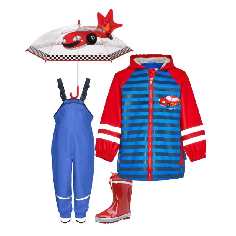 Set ploaie copii Mașinuțe 45 – pelerină, pantaloni, cizme și umbrelă Playshoes
