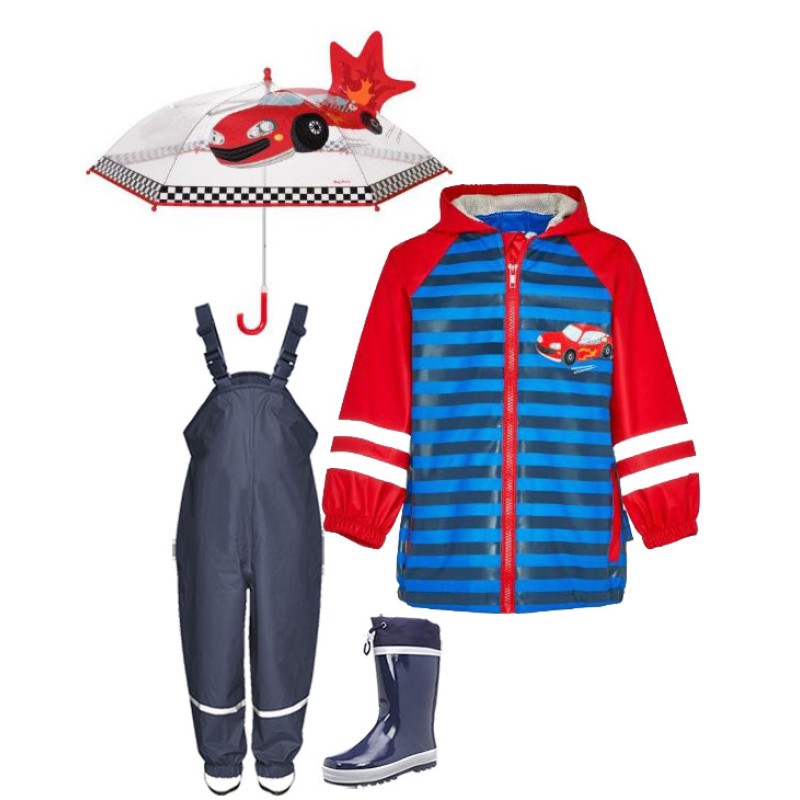 Set ploaie copii Mașinuțe 49 – pelerină, pantaloni, cizme și umbrelă Playshoes