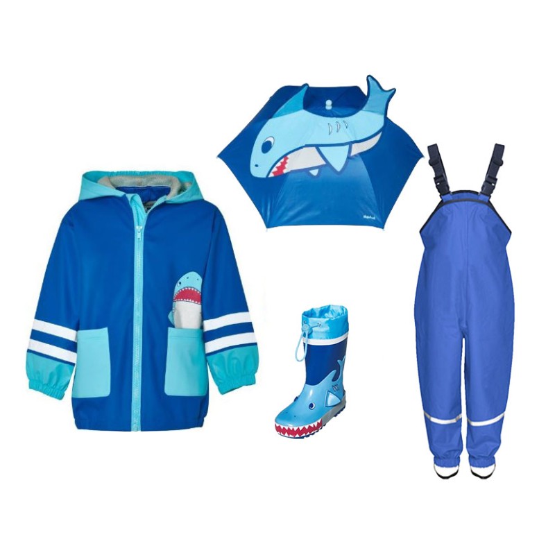Kids Rain Set Shark 41 – Raincoat, Overalls, Boots & Umbrella