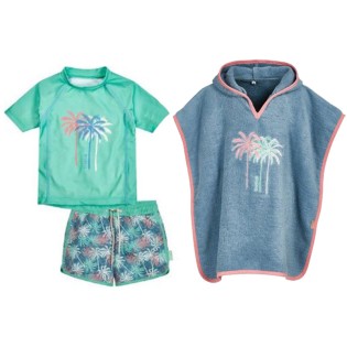 Children's swimsuit and beach poncho Palms in green