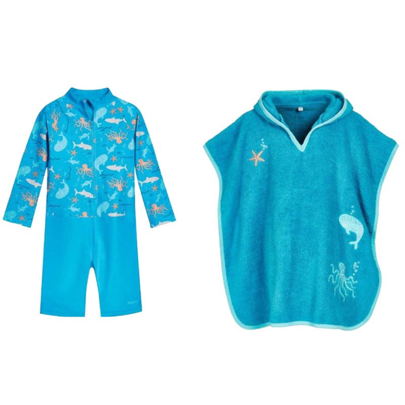 Costum de baie întreg cu protecție UV și poncho de plajă – Lumea Marină 12