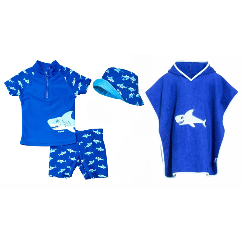 Kids UV Protection Swimwear, Hat and Poncho Set “Shark 6” – Playshoes