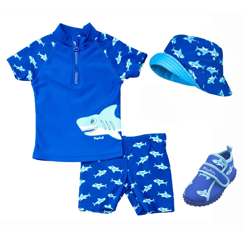 Set costum de baie, pălărie și încălțăminte de apă cu protecție UV „Rechin 5” – Playshoes