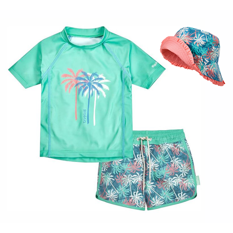 Set costum de baie și pălărie cu protecție UV „Palms” Verde – Playshoes
